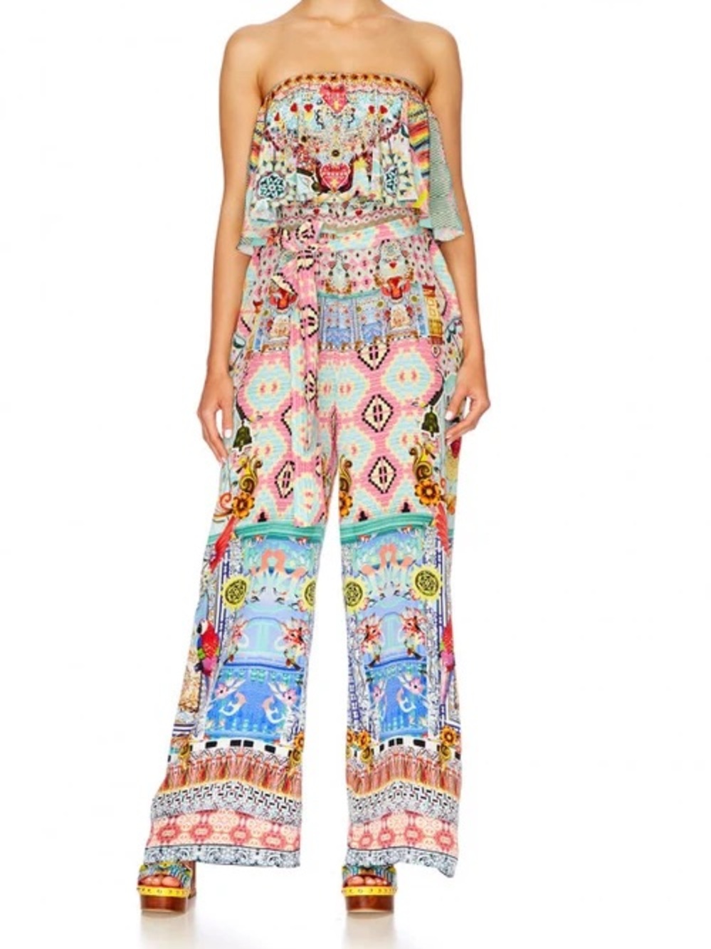 NWOT XS CAMILLA Strapless Silk Jumpsuit With Frill